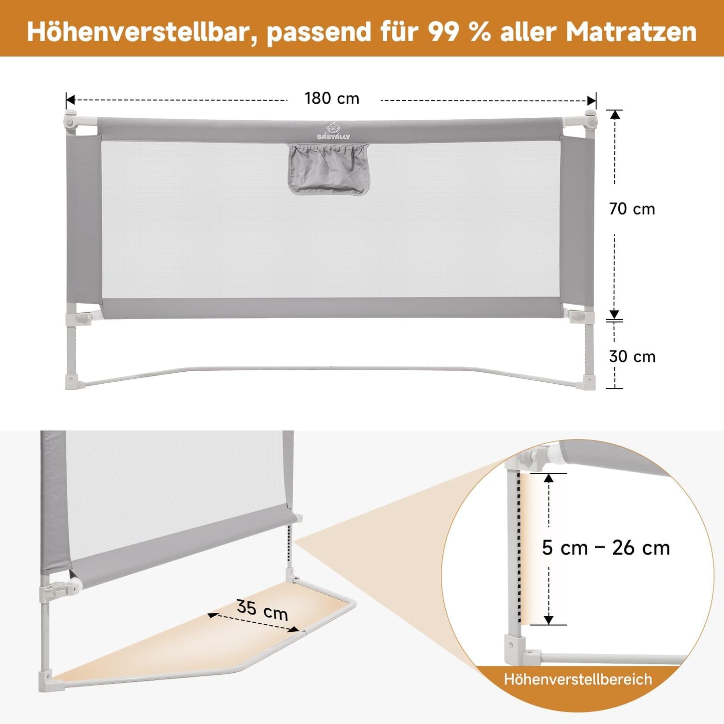 BabyAlly Bettgitter für Kleinkinder, 180cm Bettschutzgitter Kinderbettgitter für Kinder Babybettgitter Klappbar, Kinderbett Kinderbettschutzgitter Rausfallschutz Bett