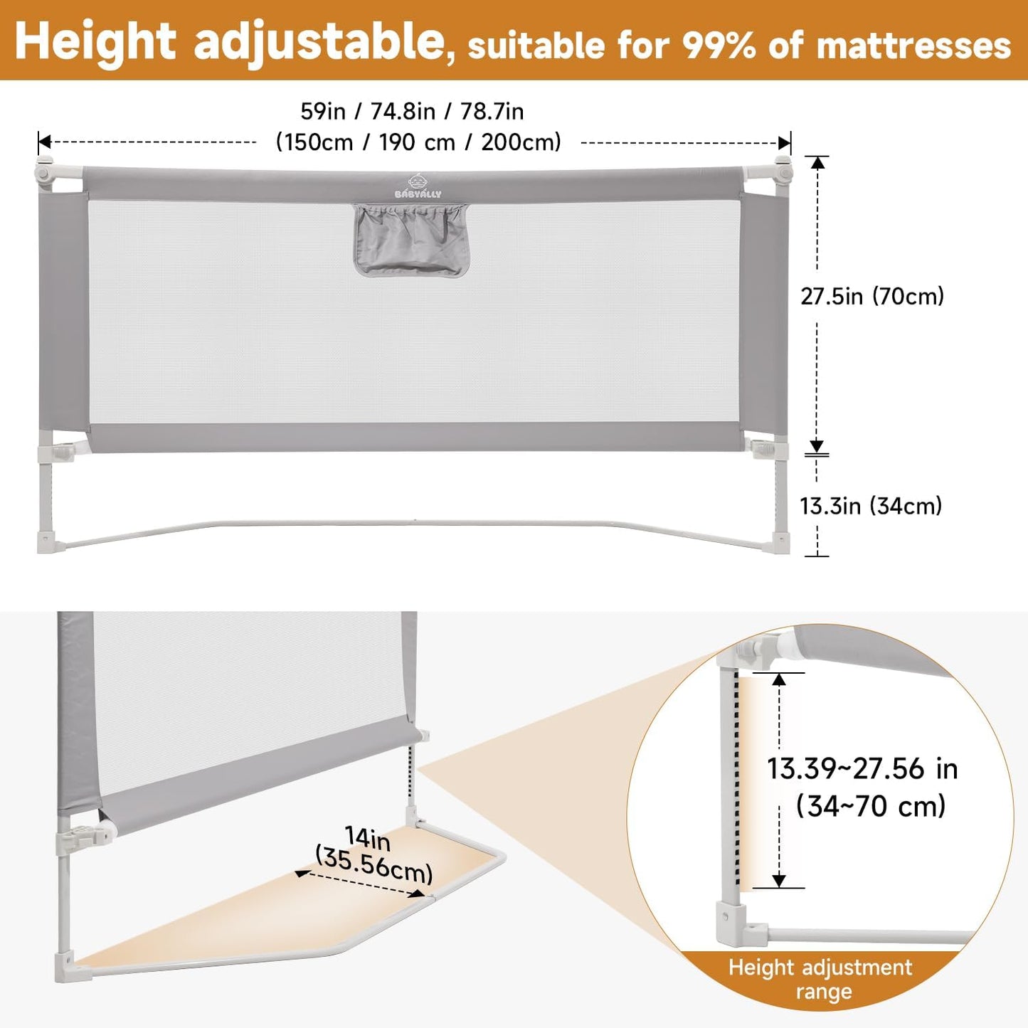 BabyAlly Bettgitter für KleiBettgitter für Kleinkinder, 200cm Bettschutzgitter Kinderbettgitter für Kinder Babybettgitter Klappbar, Kinderbett Kinderbettschutzgitter Rausfallschutz Bett nkinder, 200cm