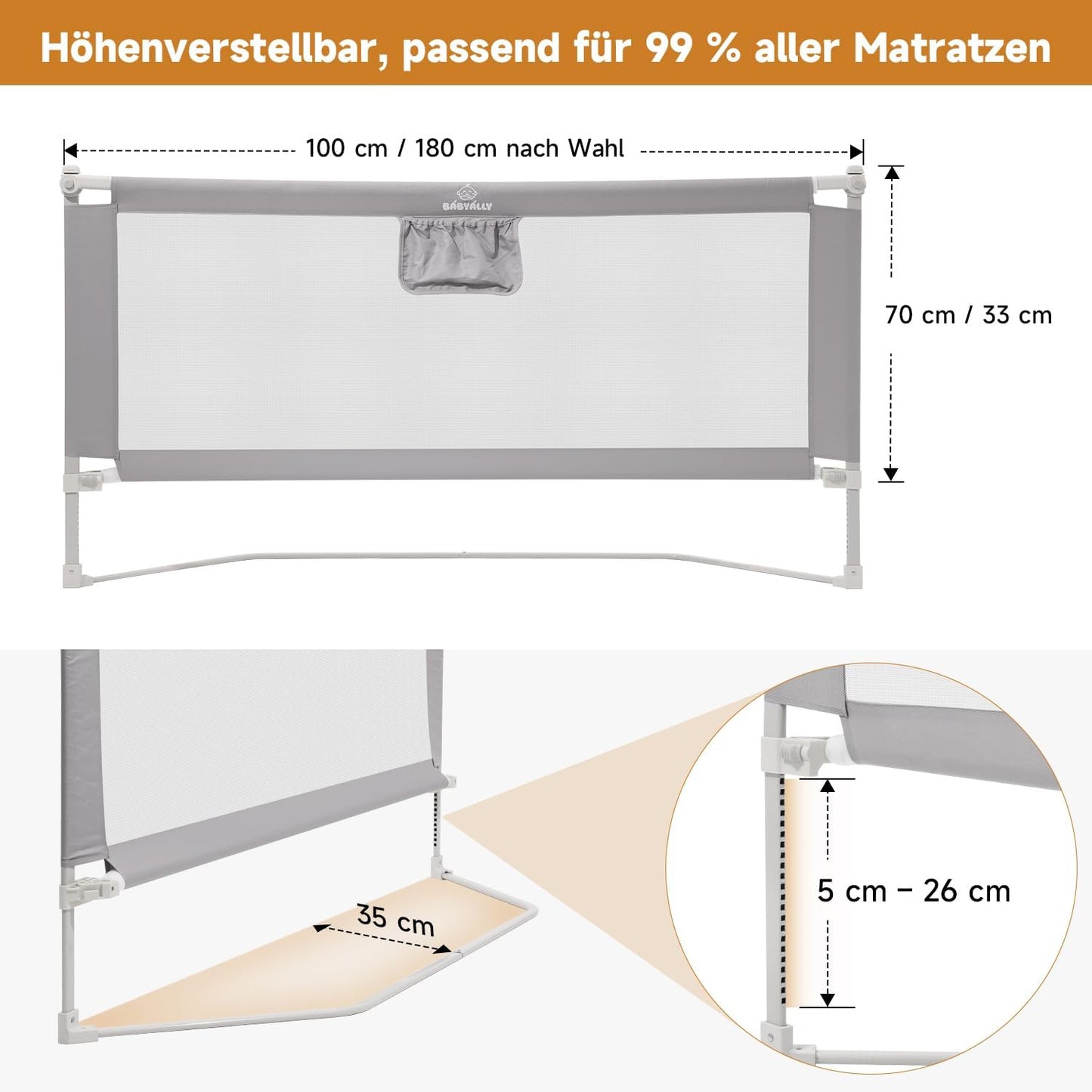 BabyAlly Bettgitter für Kleinkinder, Bettschutzgitter Kinderbettgitter für Kinder Babybettgitter Klappbar, Kinderbett Kinderbettschutzgitter Rausfallschutz Bett - 3er-Packungen (200*200*180cm)