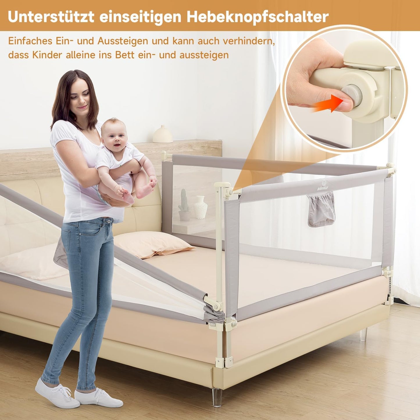 BabyAlly Bettgitter für Kleinkinder, Bettschutzgitter Kinderbettgitter für Kinder Babybettgitter Klappbar, Kinderbett Kinderbettschutzgitter Rausfallschutz Bett - 3er-Packungen (200*200*180cm)